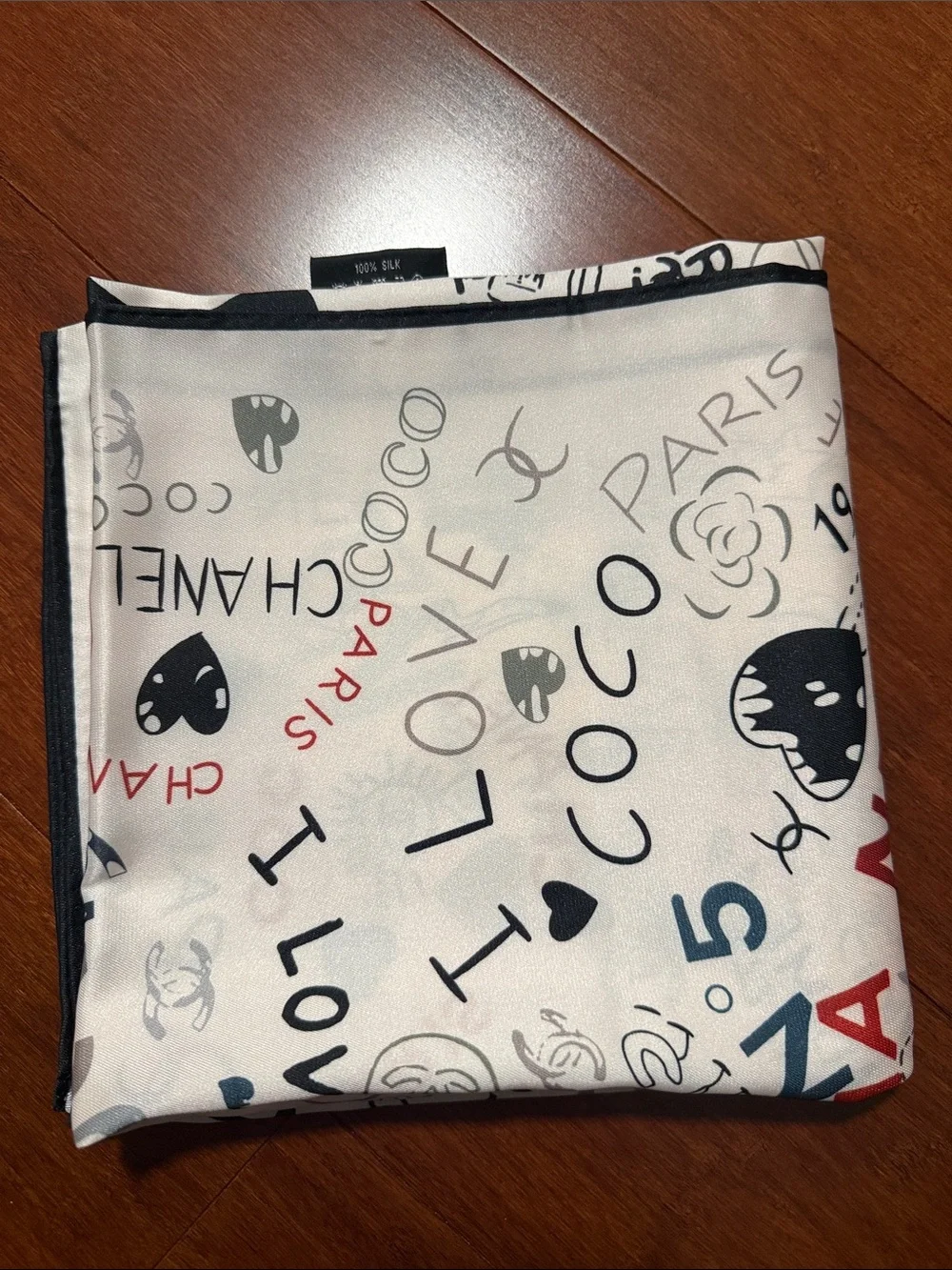 New Chanel White Silk Square Scarf with Multicolor Doodle Motifs
